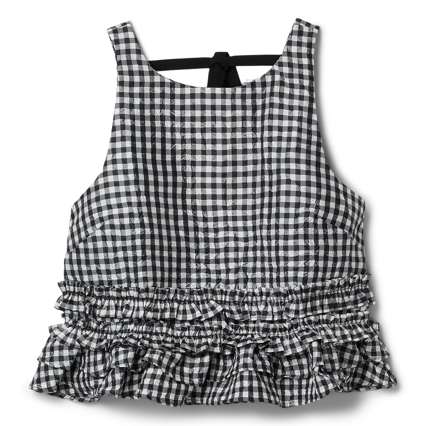 GANNI Crinkled Taffeta Check Open Back Frill Top (Black)